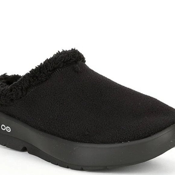 Oofos Oocoozie Men's Black Mule Slide Vegan Sherpa Fuzzy Sizwa New Recovery - Picture 1 of 11